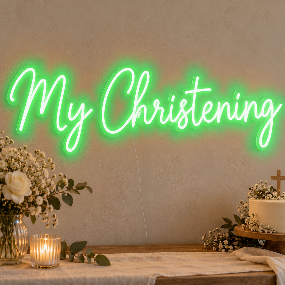 My Christening Neon Sign in green LED neon on clear acrylic, angled view