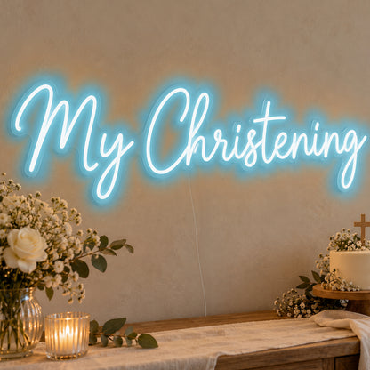 My Christening Neon Sign in ice blue LED neon on clear acrylic, angled view