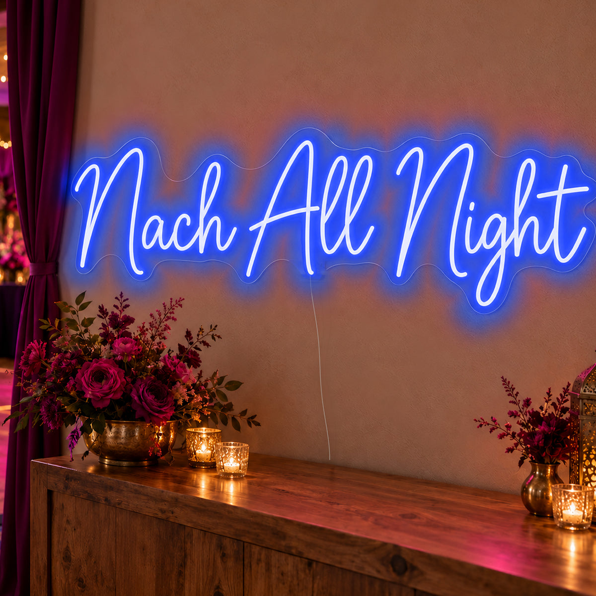 Nach All Night Neon Sign in blue LED neon on clear acrylic, angled view