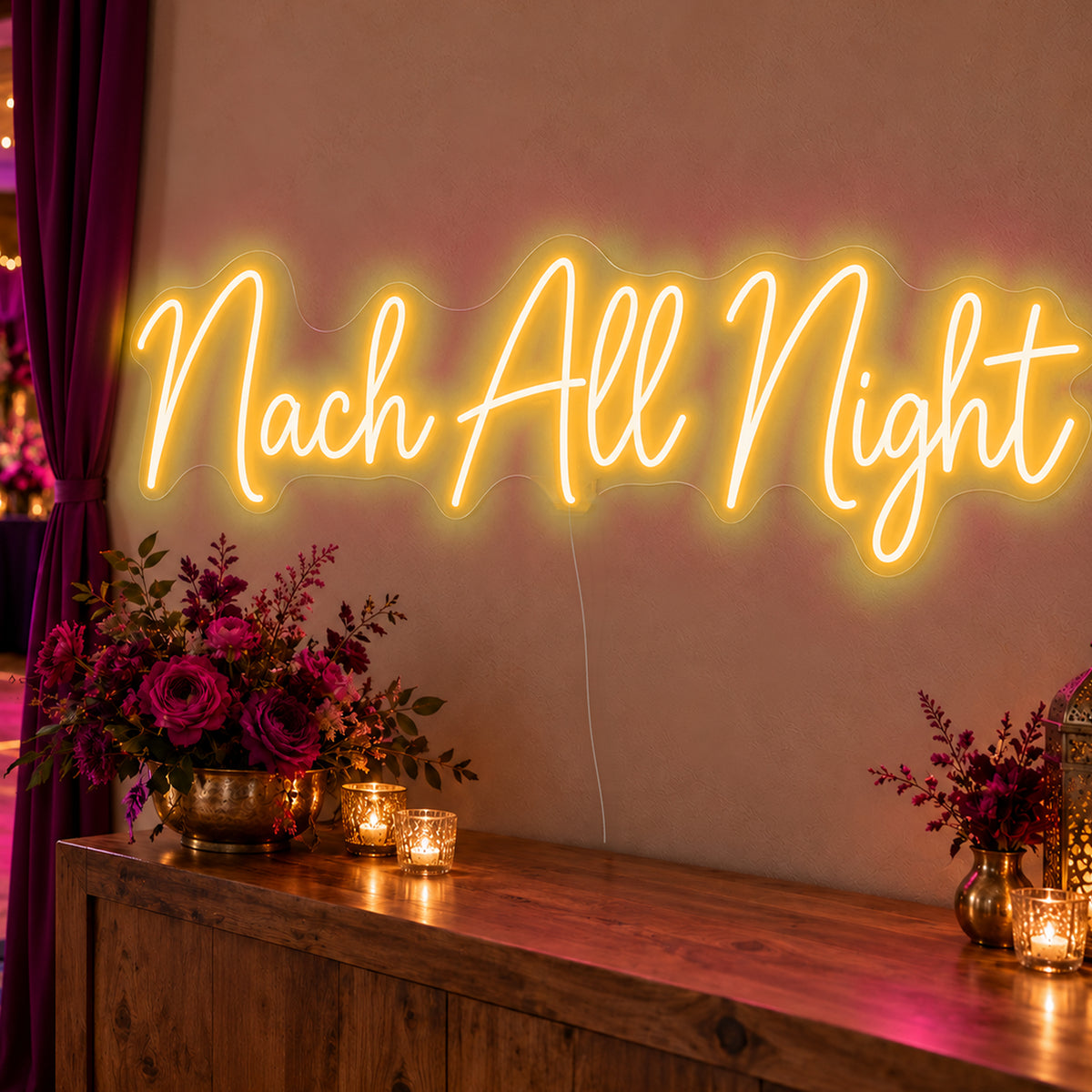Nach All Night Neon Sign in gold LED neon on clear acrylic, angled view