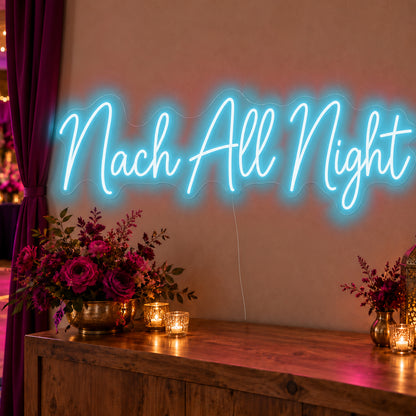 Nach All Night Neon Sign in ice blue LED neon on clear acrylic, angled view