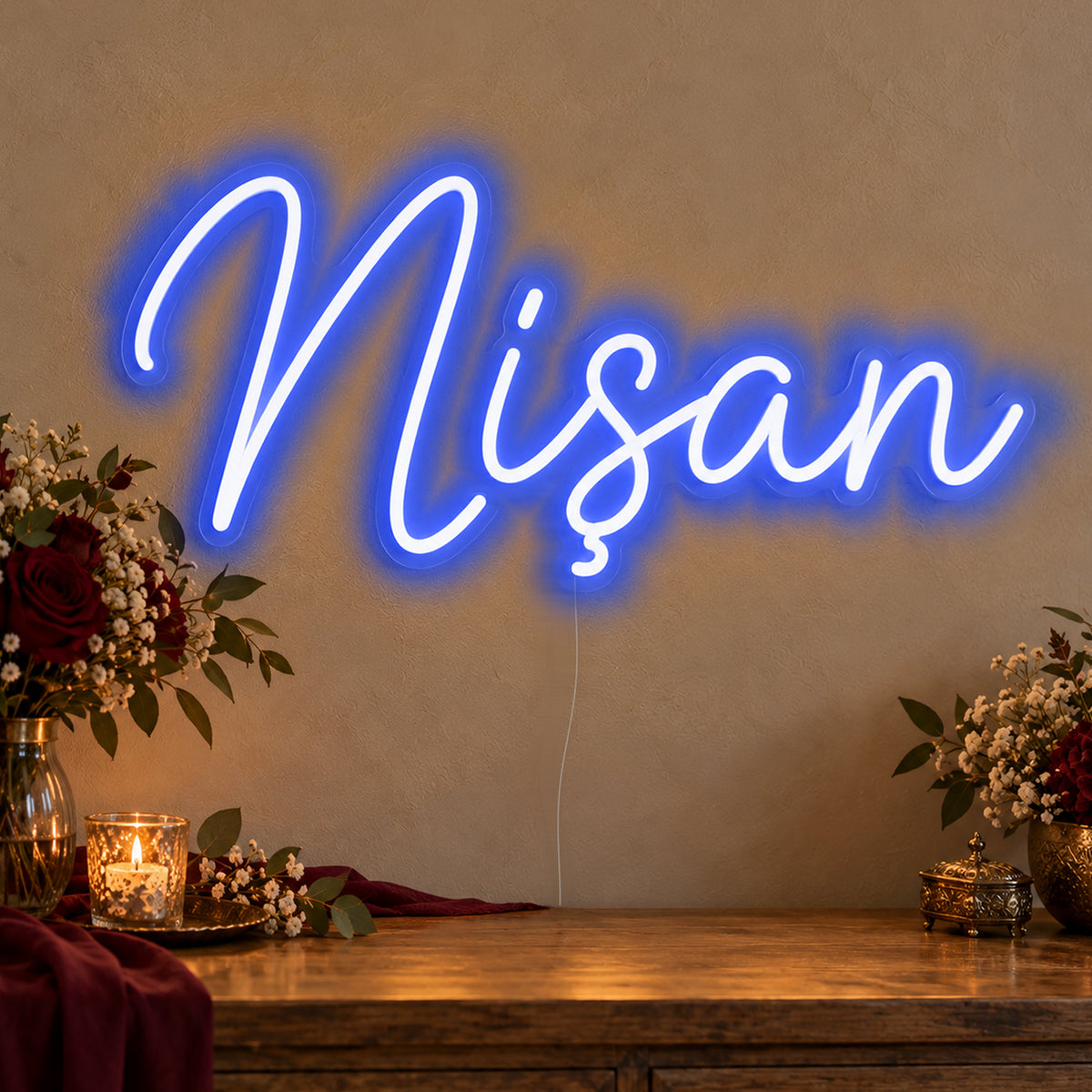 Nişan Neon Sign in blue LED neon on clear acrylic, angled view