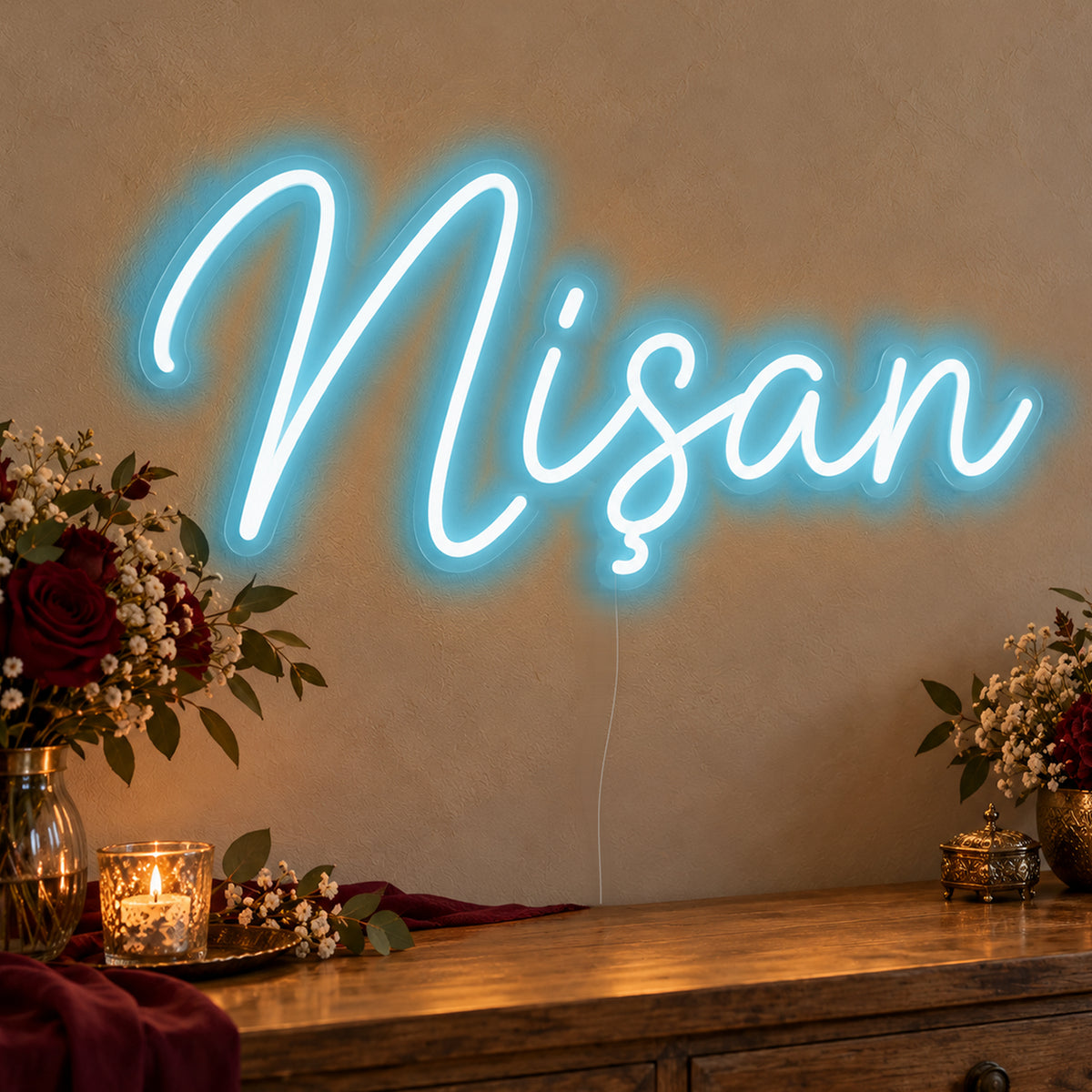 Nişan Neon Sign in ice blue LED neon on clear acrylic, angled view