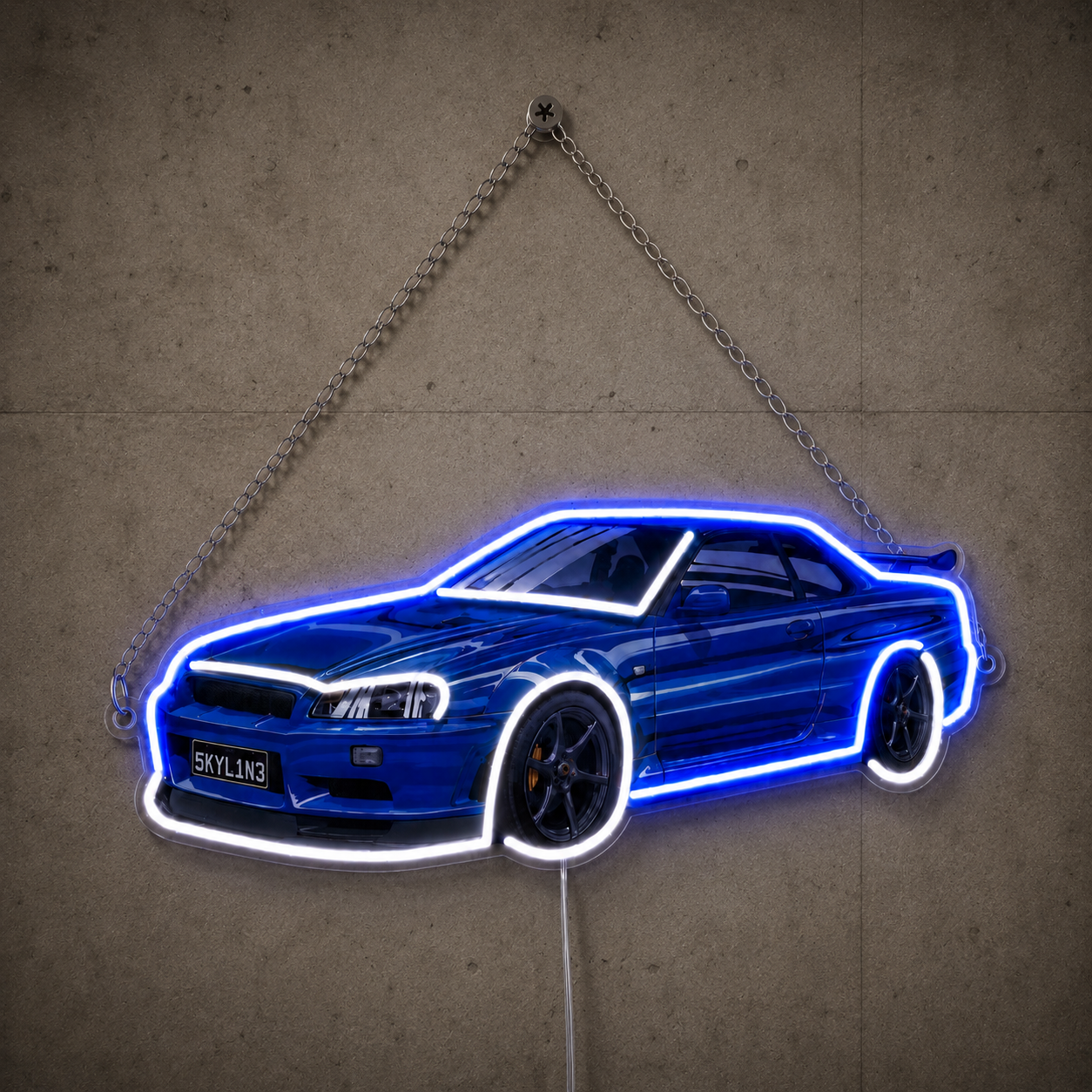 Nissan Skyline R34 neon sign hanging by chain mount on a concrete wall