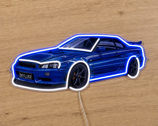 Nissan Skyline R34 LED neon sign glowing blue and white, front view on a timber wall