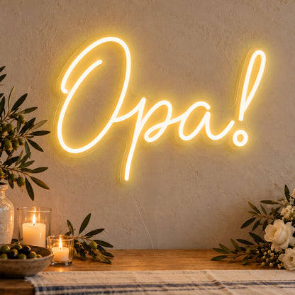 Opa Neon Sign in gold LED neon on clear acrylic, angled view