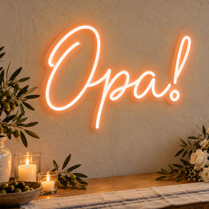 Opa Neon Sign in orange LED neon on clear acrylic, angled view