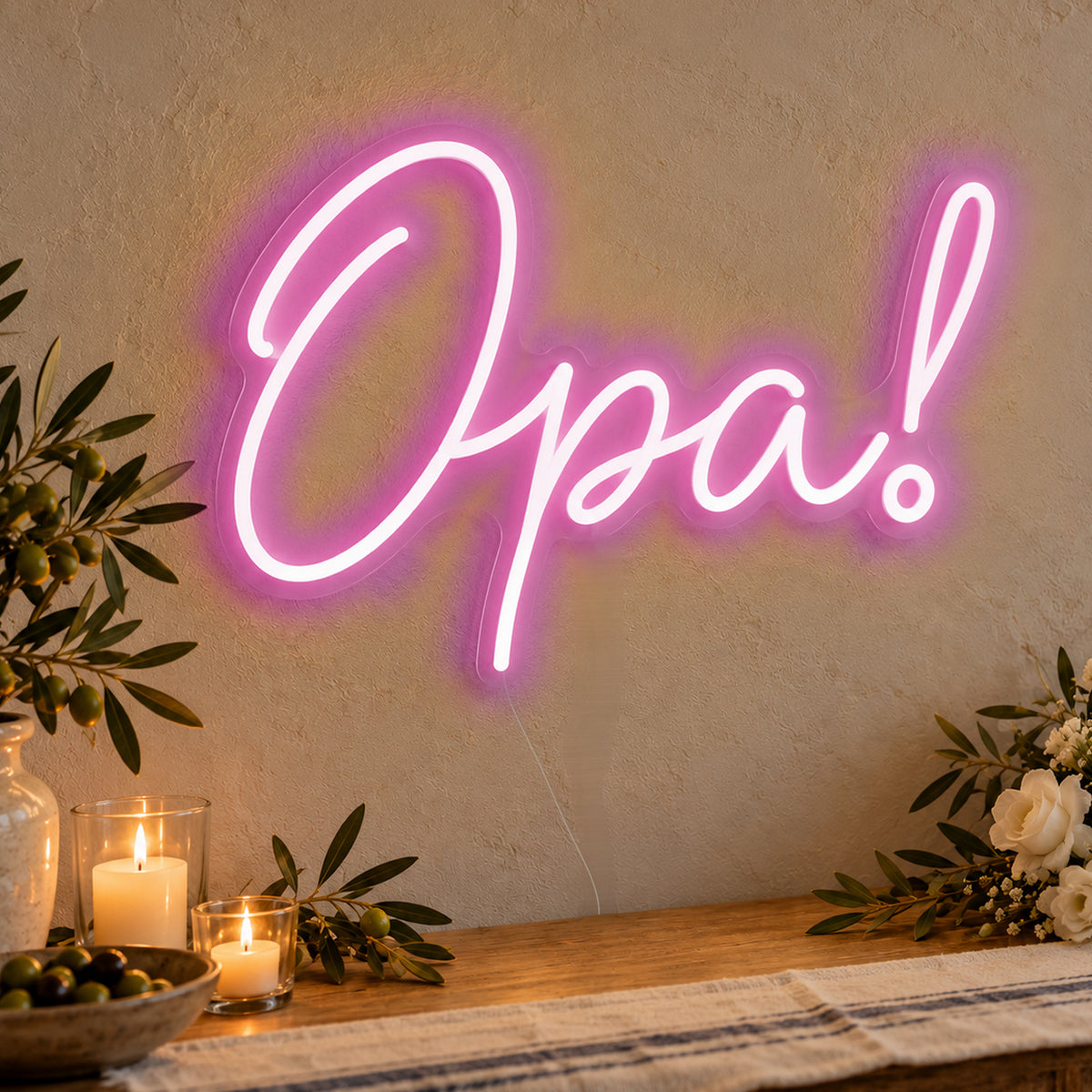 Opa Neon Sign in pink LED neon on clear acrylic, angled view