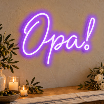 Opa Neon Sign in purple LED neon on clear acrylic, angled view