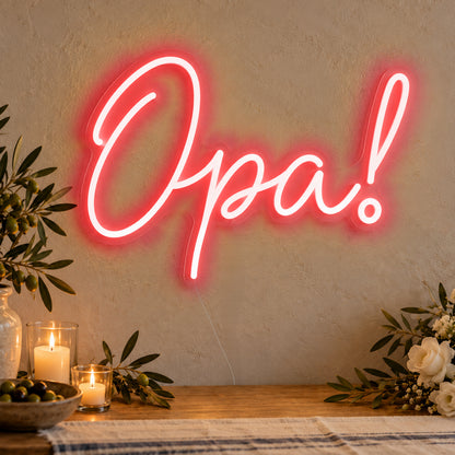 Opa Neon Sign in red LED neon on clear acrylic, angled view
