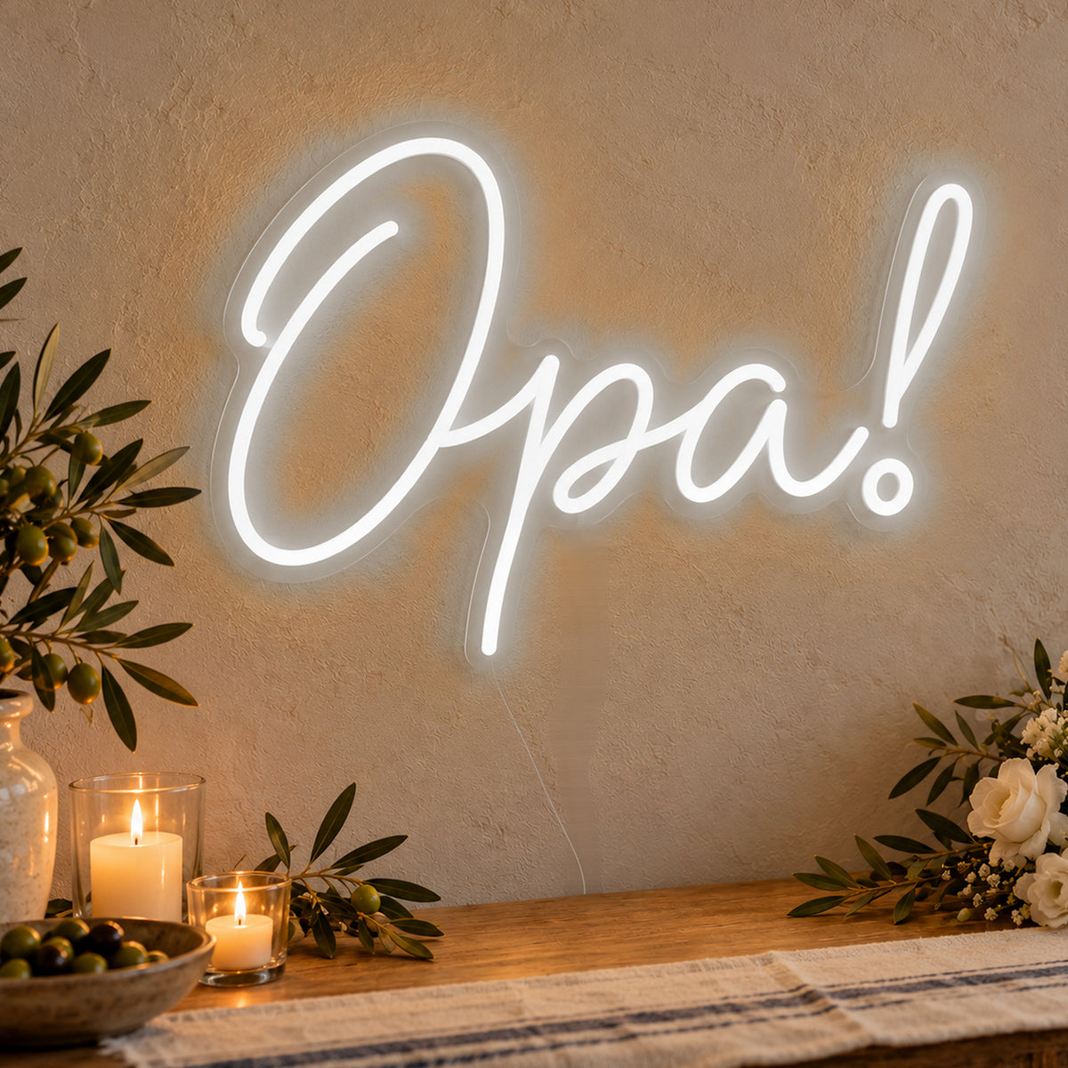 Opa Neon Sign in white LED neon on clear acrylic, angled view
