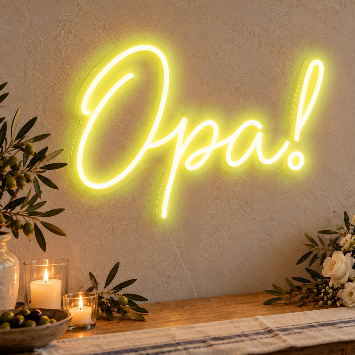 Opa Neon Sign in yellow LED neon on clear acrylic, angled view