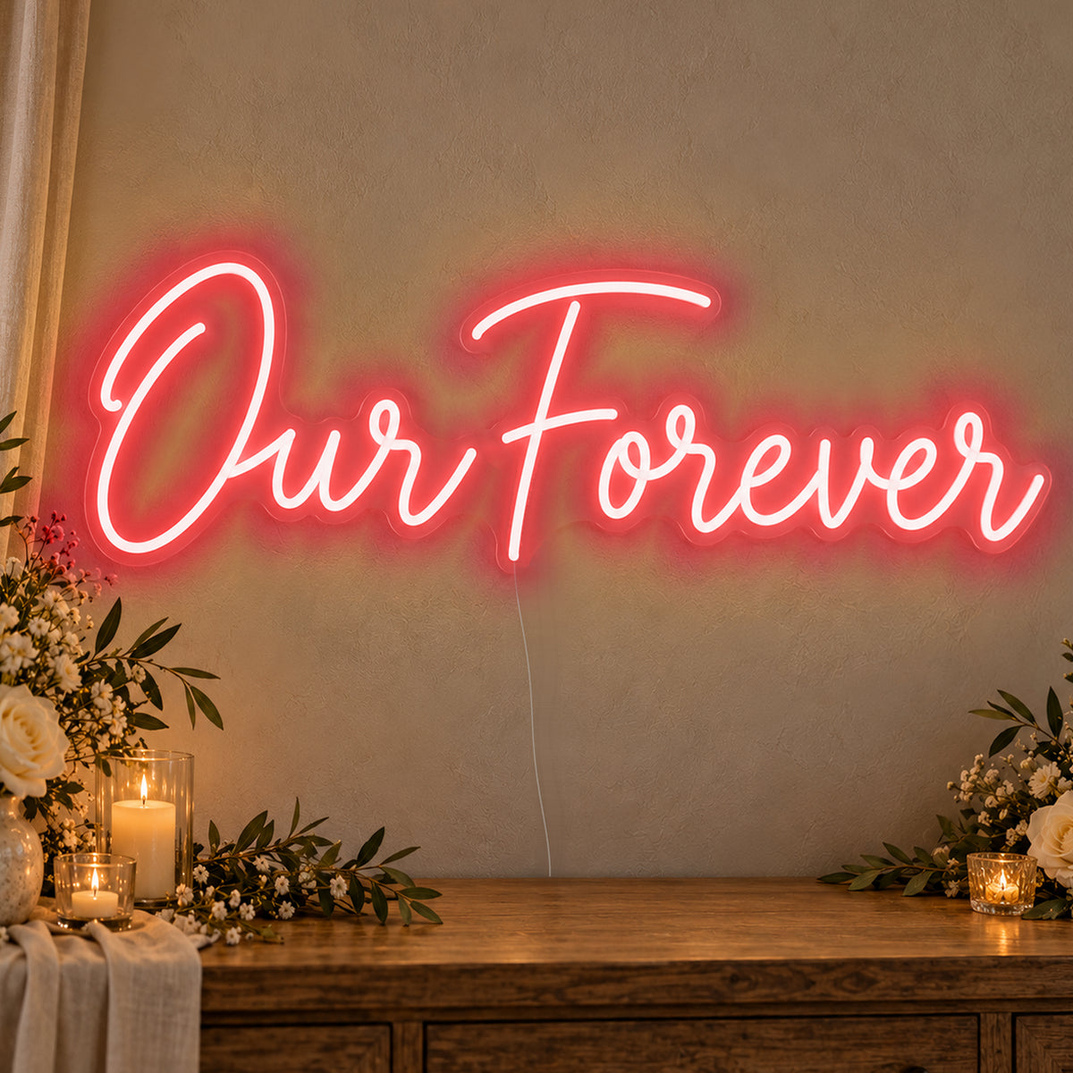 Our Forever Neon Sign in red LED neon on clear acrylic, angled view