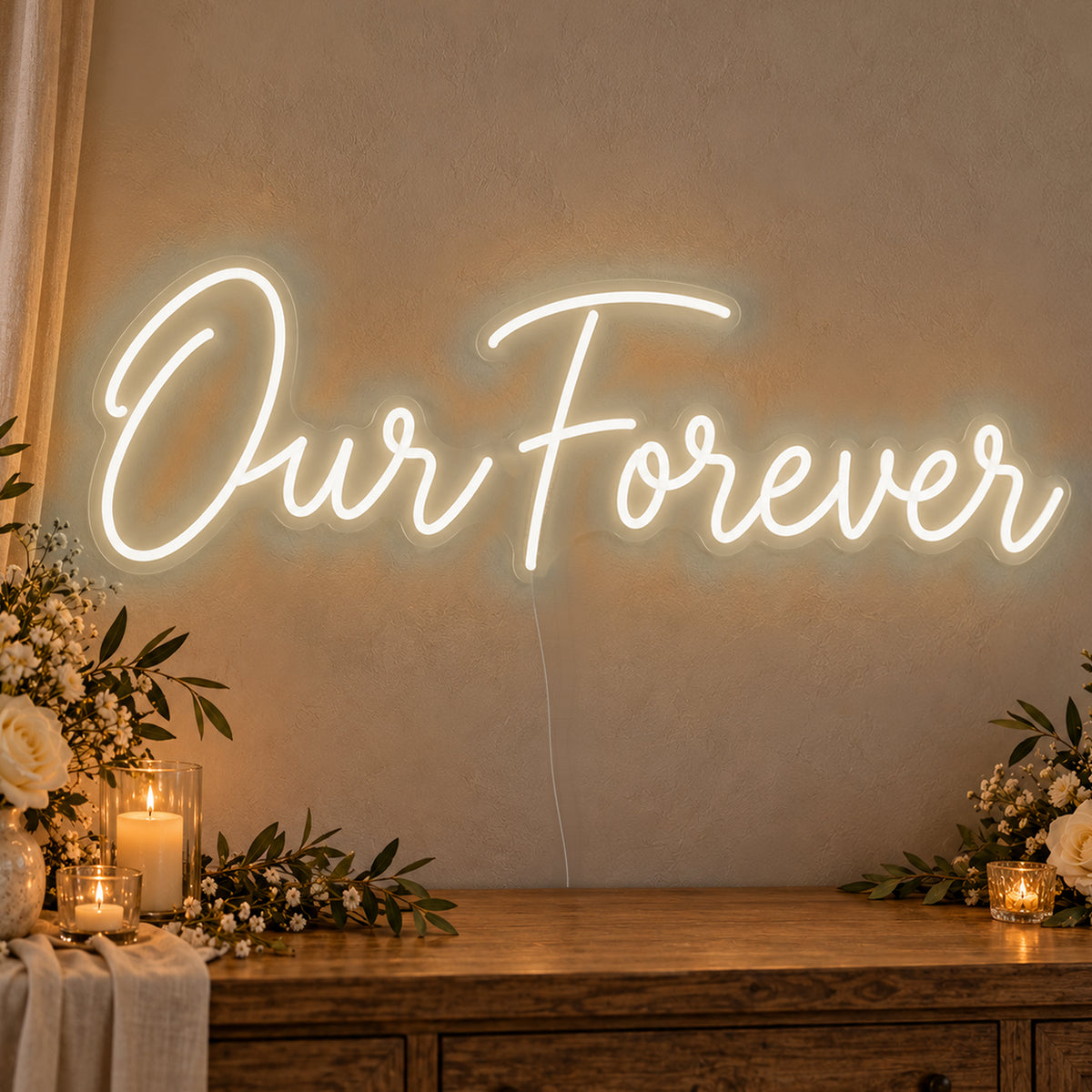 Our Forever Neon Sign in warm white LED neon on clear acrylic, angled view