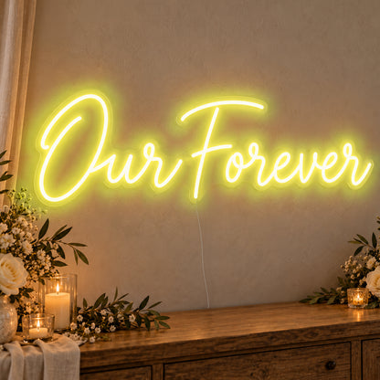 Our Forever Neon Sign in yellow LED neon on clear acrylic, angled view
