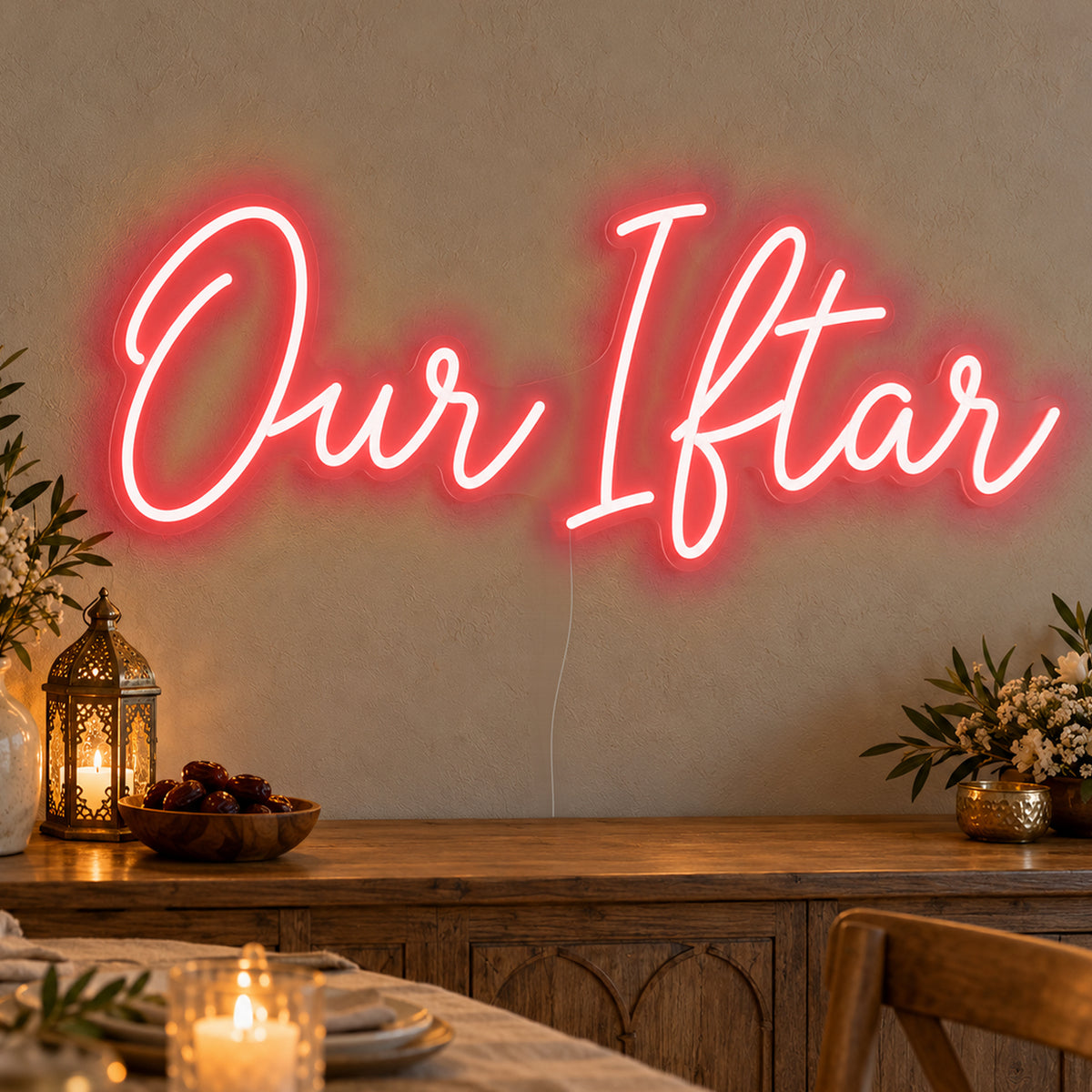Our Iftar Neon Sign in red LED neon on clear acrylic, angled view