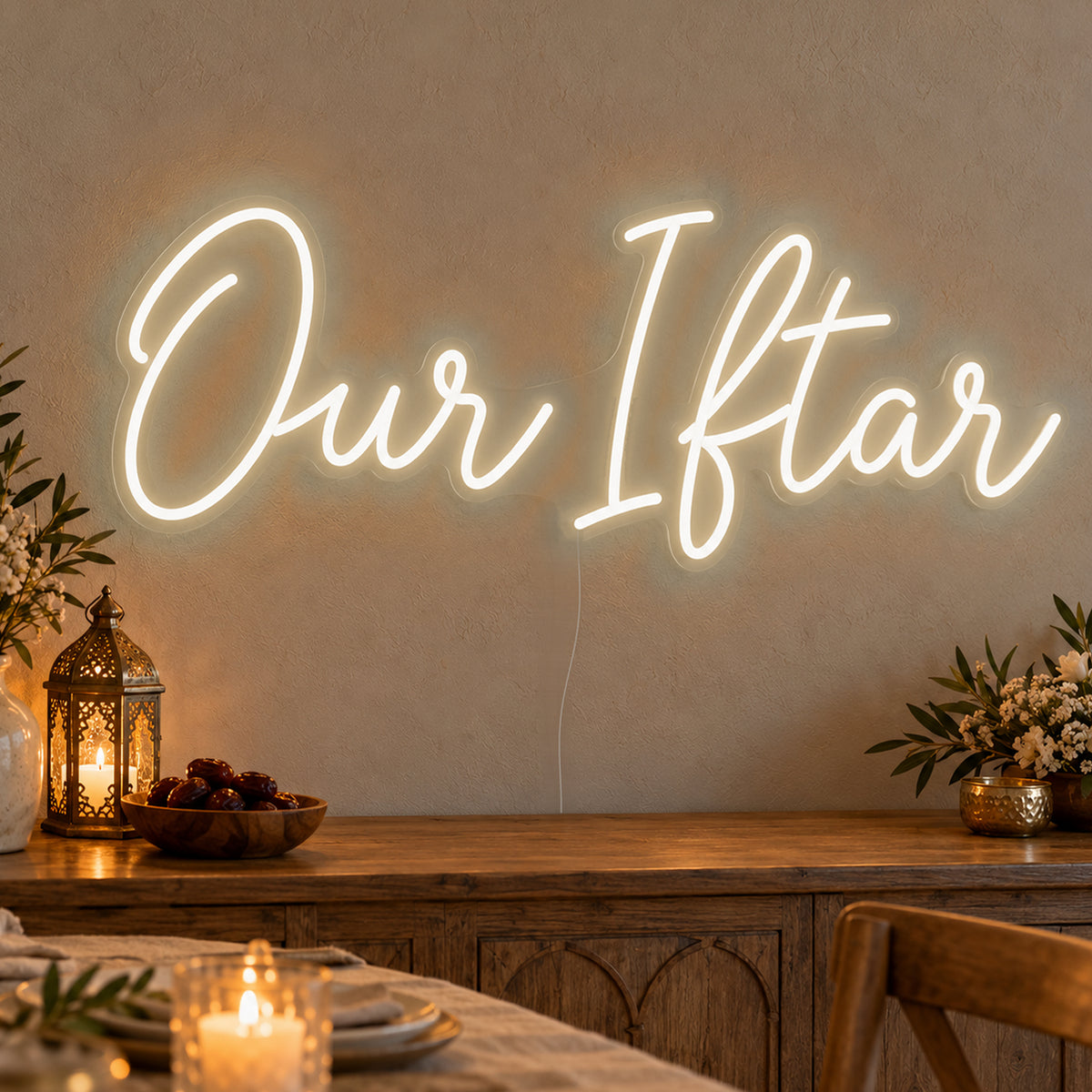 Our Iftar Neon Sign in warm white LED neon on clear acrylic, angled view
