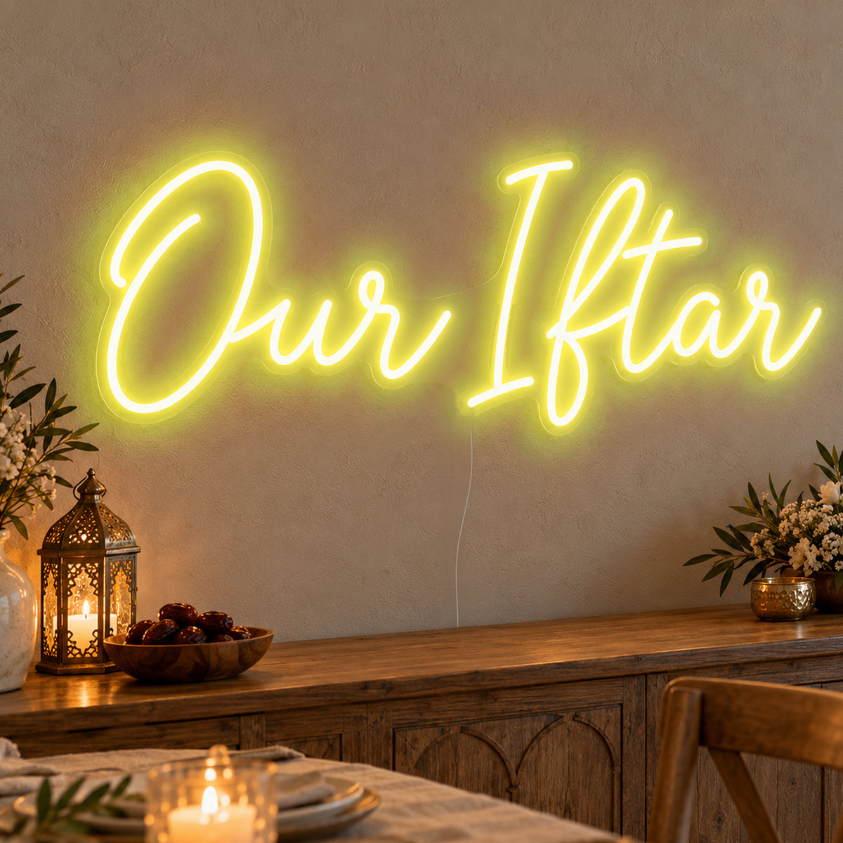 Our Iftar Neon Sign in yellow LED neon on clear acrylic, angled view