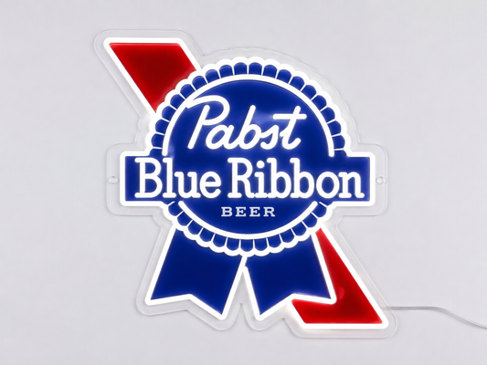 Pabst Blue Ribbon LED neon sign with ribbon logo glowing red white and blue