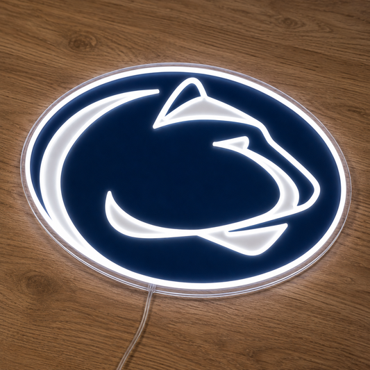 Penn State Nittany Lions LED neon sign in navy and white on a timber wall