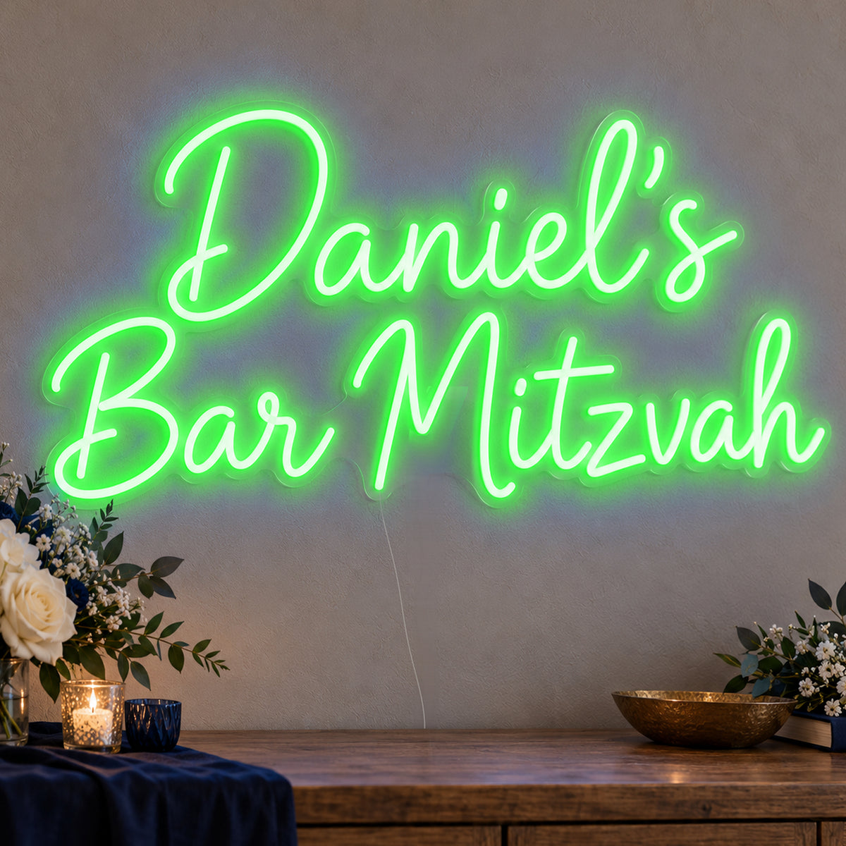 Personalised Bar Mitzvah Neon Sign in green LED neon on clear acrylic, angled view