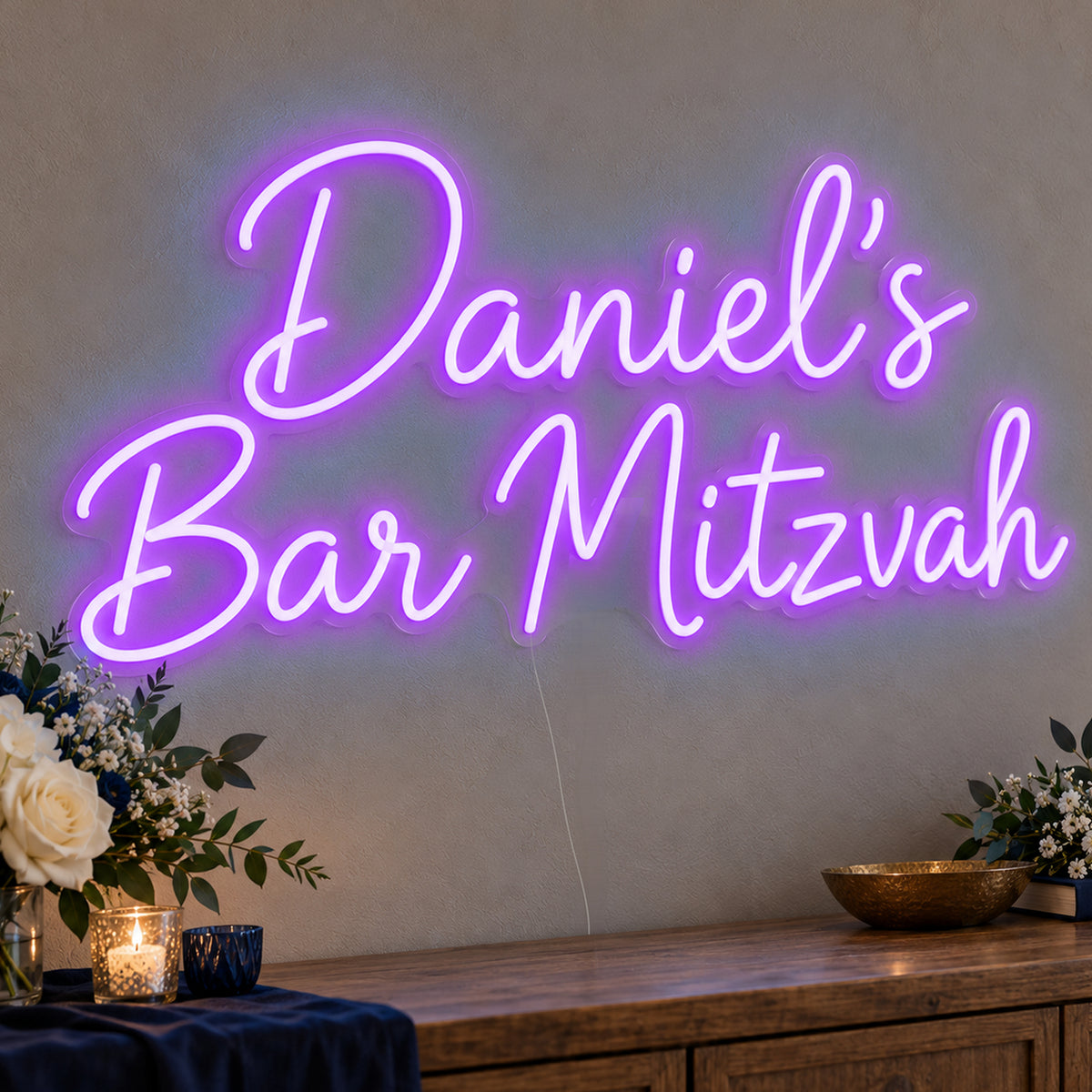 Personalised Bar Mitzvah Neon Sign in purple LED neon on clear acrylic, angled view