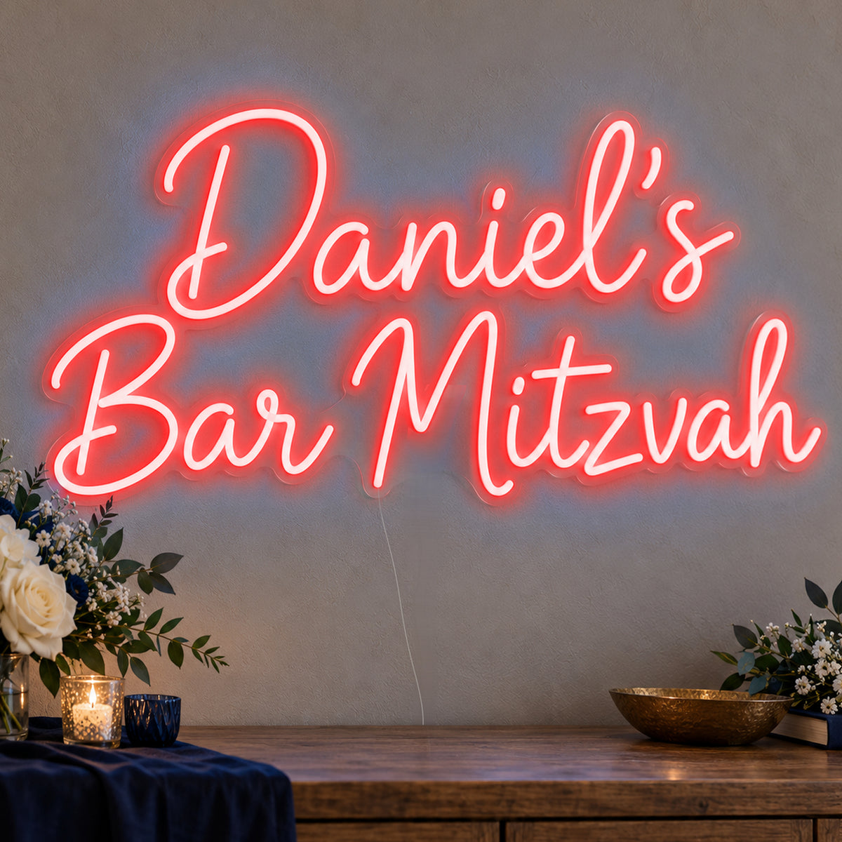 Personalised Bar Mitzvah Neon Sign in red LED neon on clear acrylic, angled view