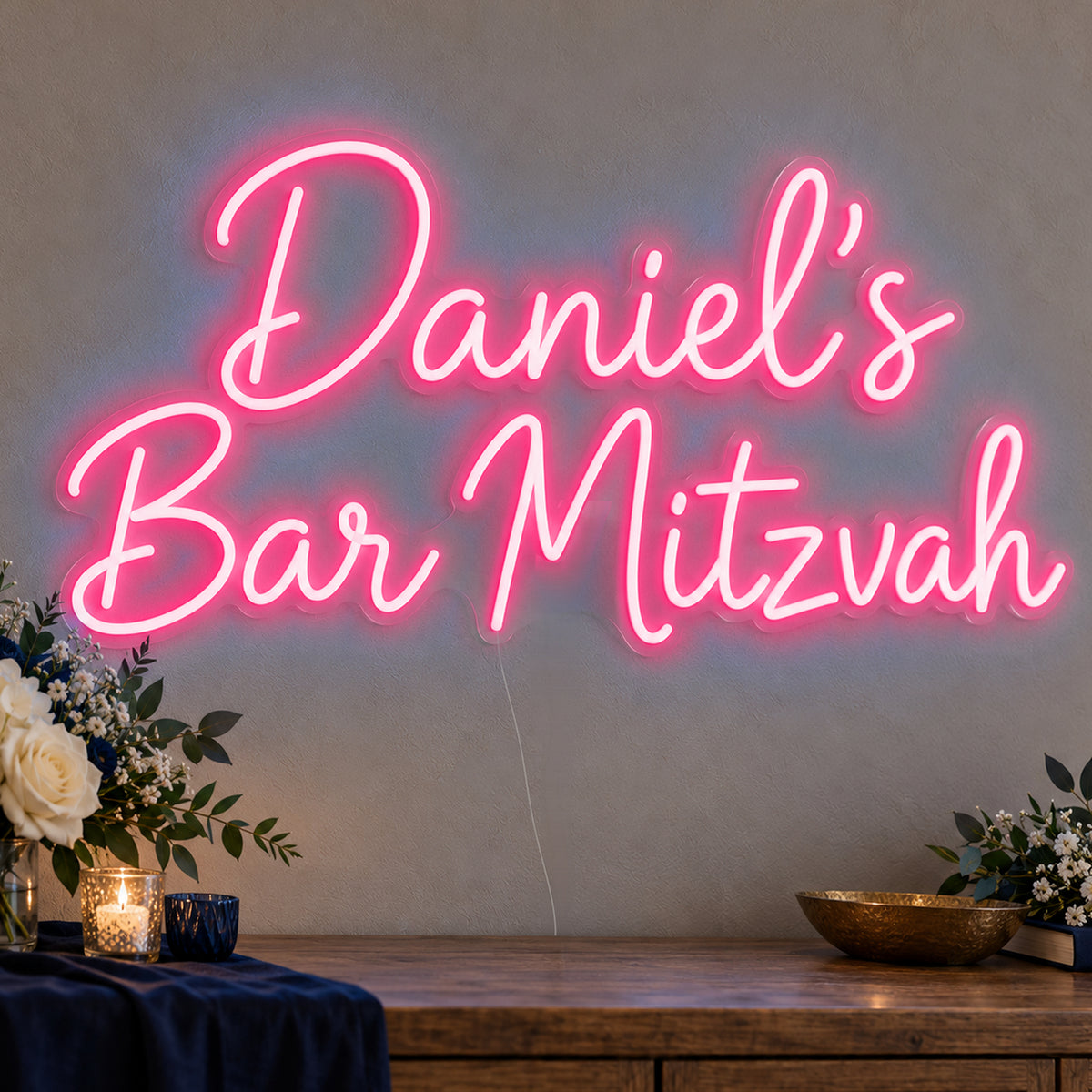Personalised Bar Mitzvah Neon Sign in rose red LED neon on clear acrylic, angled view