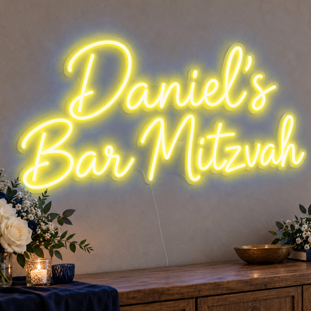 Personalised Bar Mitzvah Neon Sign in yellow LED neon on clear acrylic, angled view