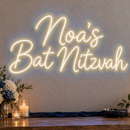 Personalised Bat Mitzvah Neon Sign in warm white LED neon on clear acrylic, angled view