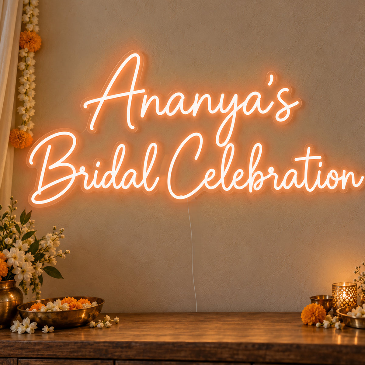 Personalised Bridal Celebration Neon Sign in orange LED neon on clear acrylic, angled view