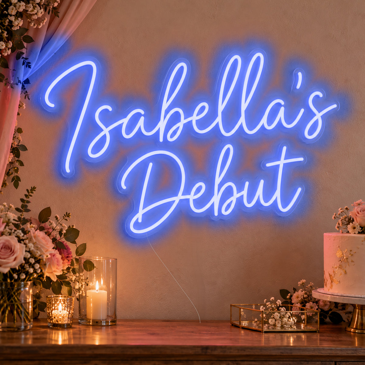 Personalised Debut Neon Sign in blue LED neon on clear acrylic, angled view