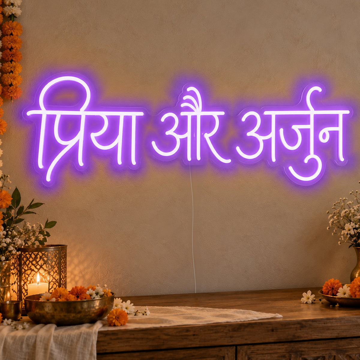 Personalised Devanagari Couple Names Neon Sign in purple LED neon on clear acrylic, angled view