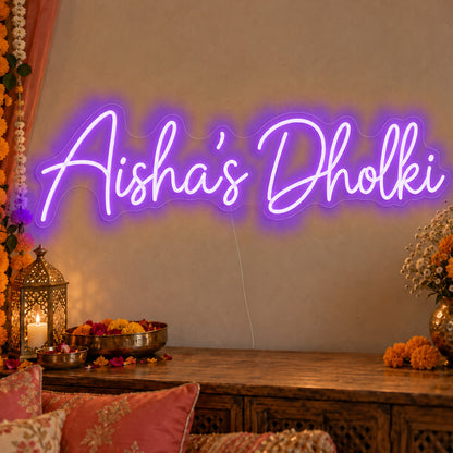 Personalised Dholki Neon Sign in purple LED neon on clear acrylic, angled view