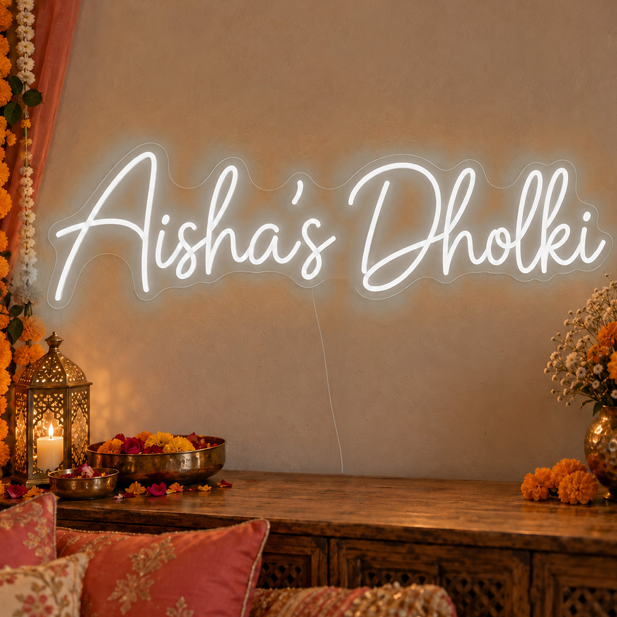 Personalised Dholki Neon Sign in white LED neon on clear acrylic, angled view