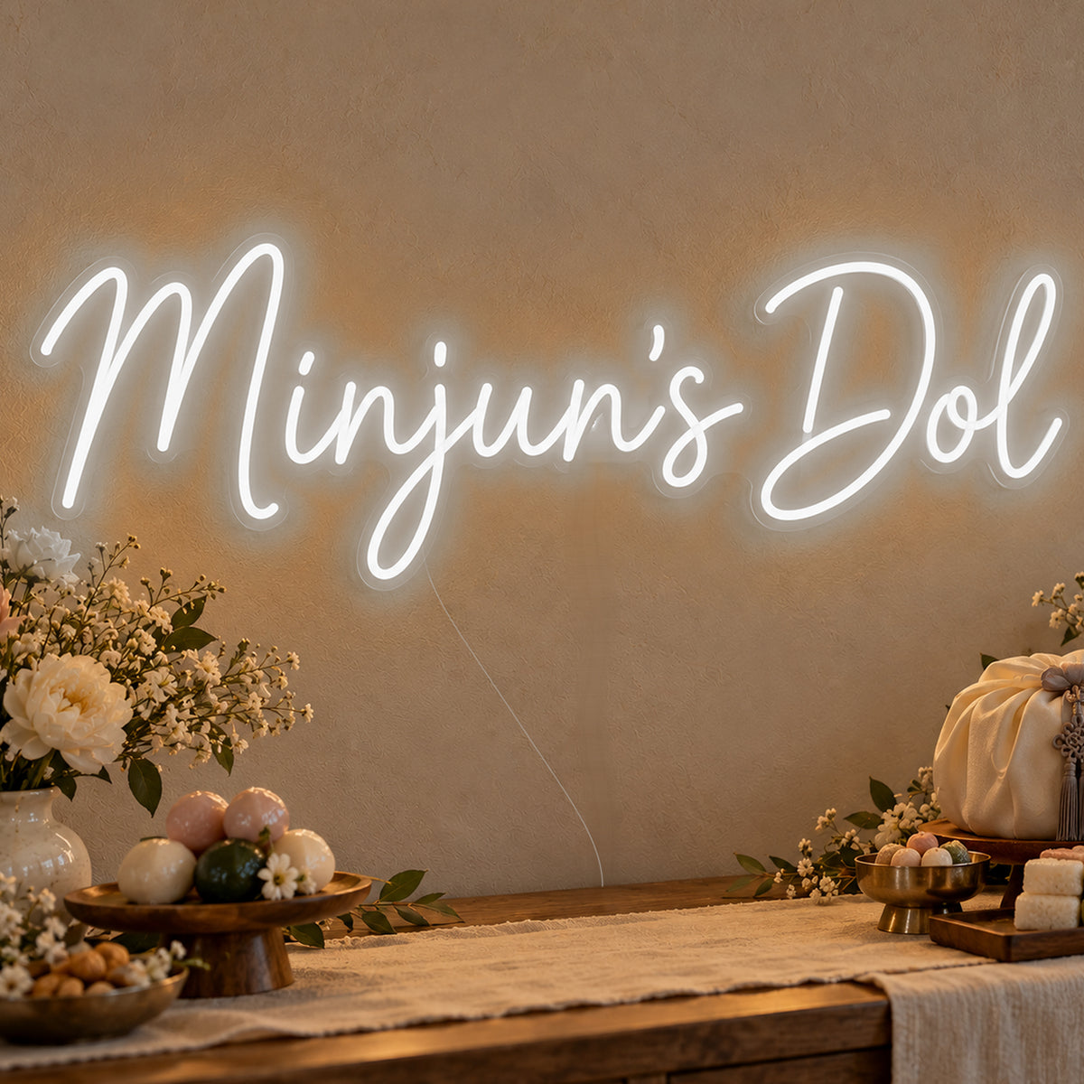 Personalised Dol Neon Sign in white LED neon on clear acrylic, angled view