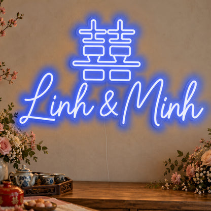 Personalised Double Happiness Vietnamese Names Neon Sign in blue LED neon on clear acrylic, angled view