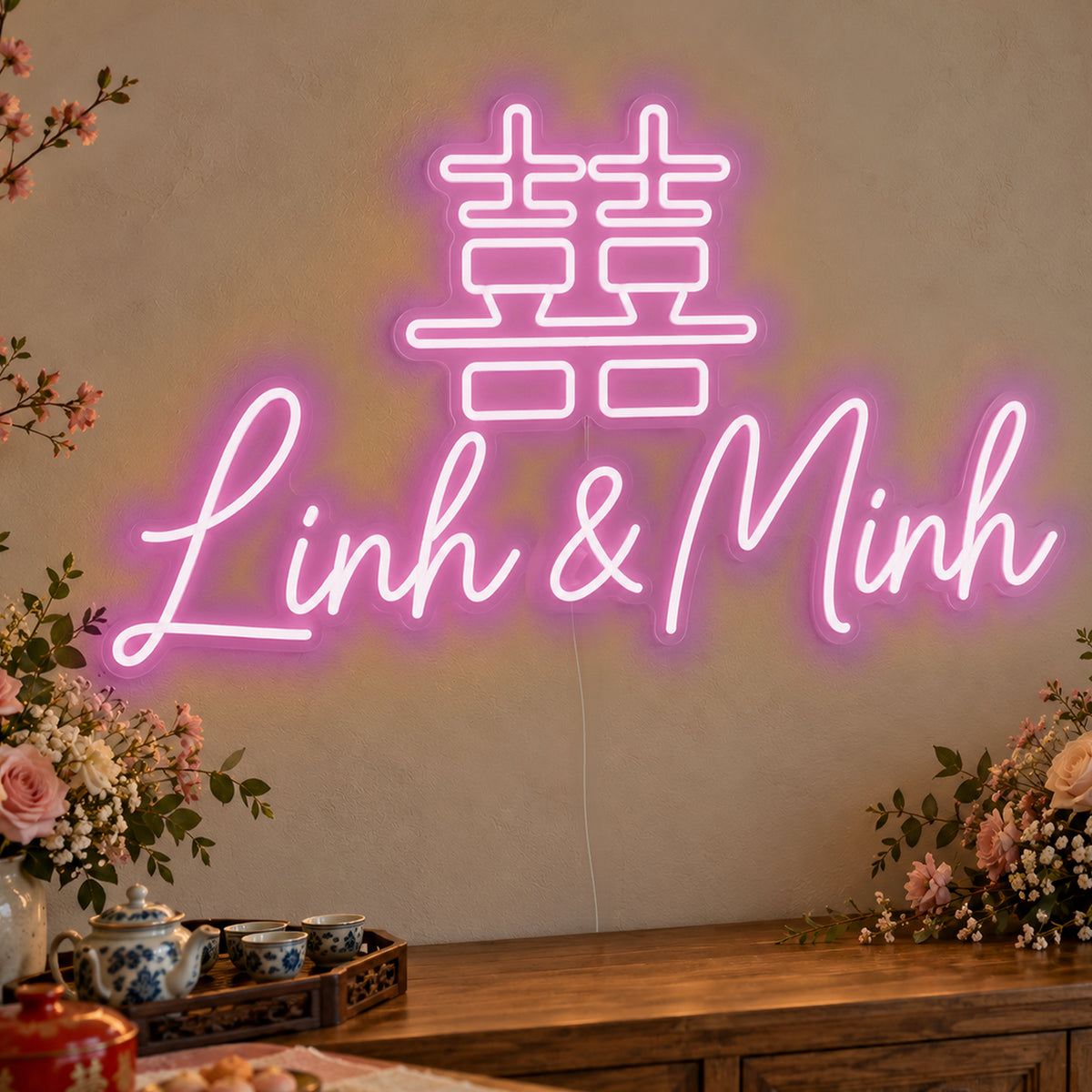 Personalised Double Happiness Vietnamese Names Neon Sign in pink LED neon on clear acrylic, angled view