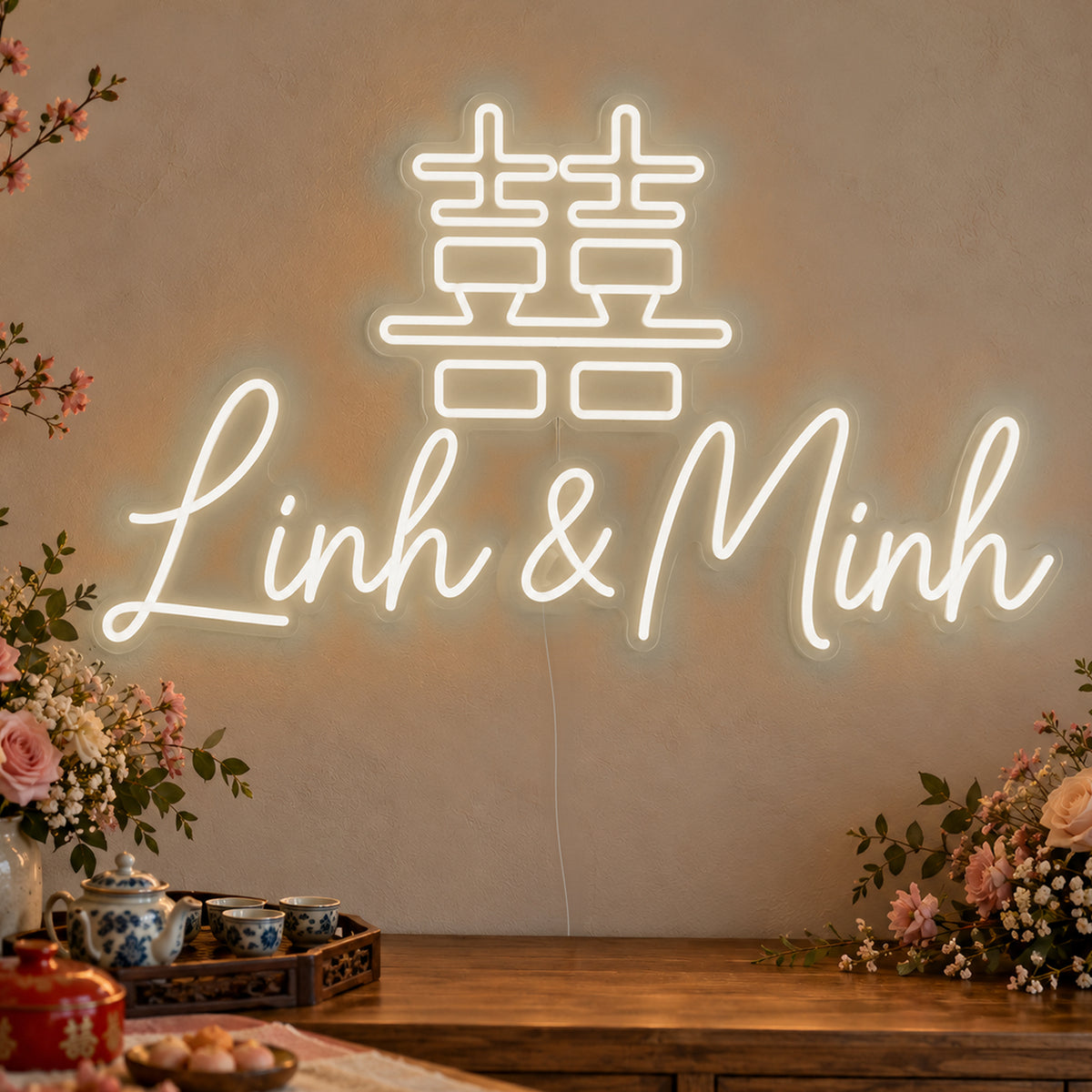 Personalised Double Happiness Vietnamese Names Neon Sign in warm white LED neon on clear acrylic, angled view