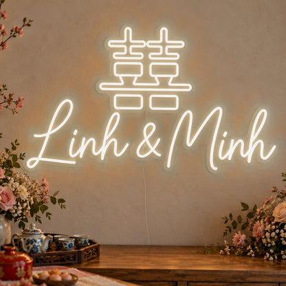 Personalised Double Happiness Vietnamese Names Neon Sign in warm white LED neon on clear acrylic, angled view