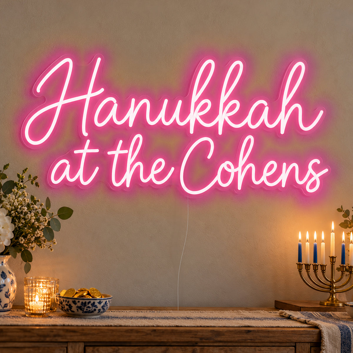 Personalised Family Hanukkah Neon Sign in rose red LED neon on clear acrylic, angled view