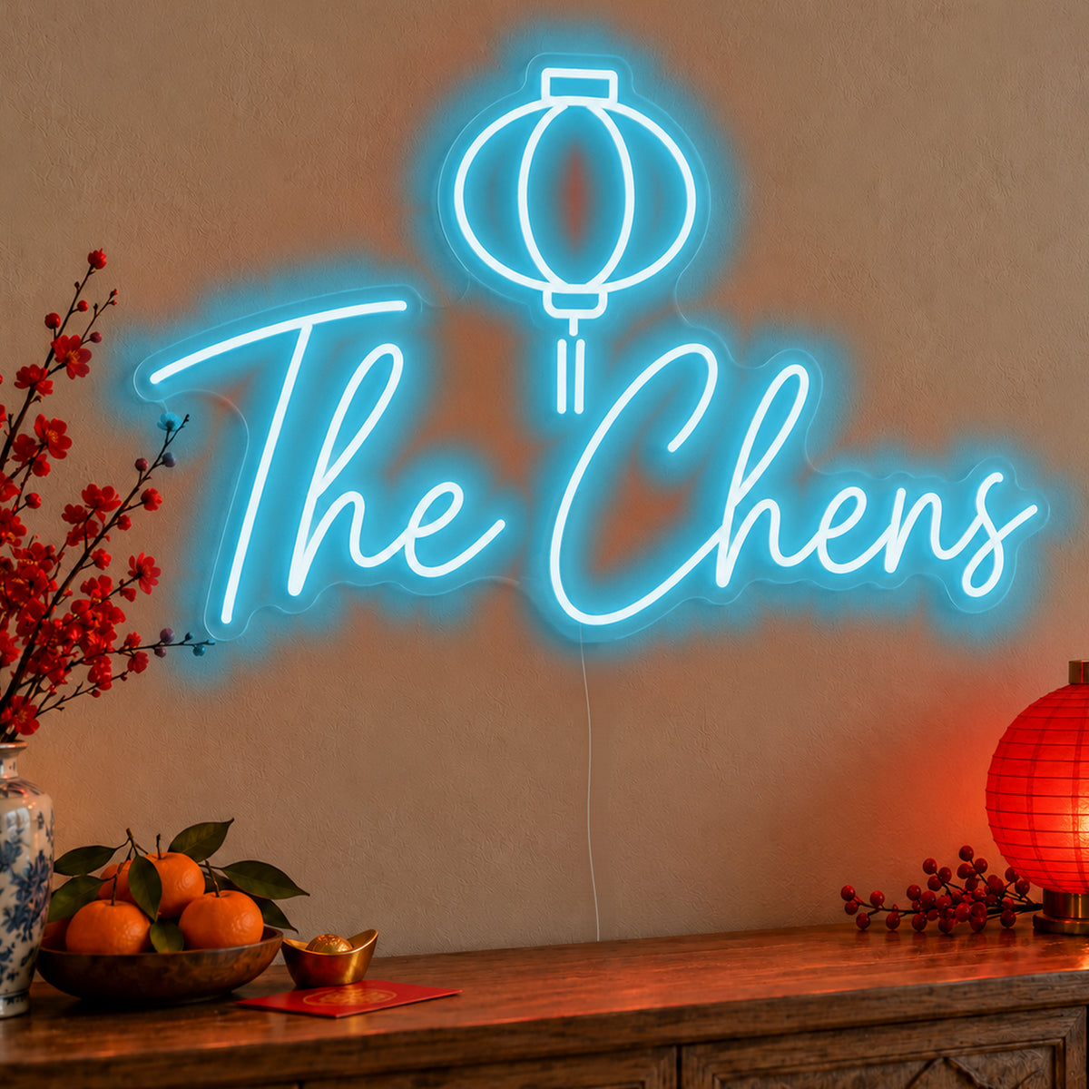 Personalised Family Lantern Neon Sign in ice blue LED neon on clear acrylic, angled view