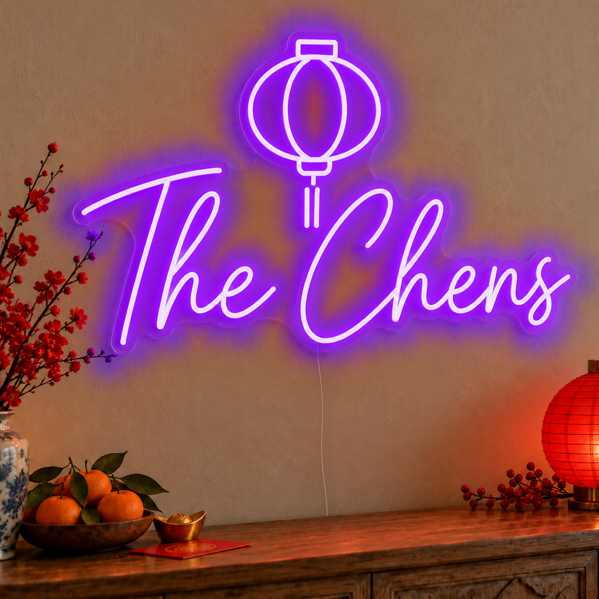 Personalised Family Lantern Neon Sign in purple LED neon on clear acrylic, angled view