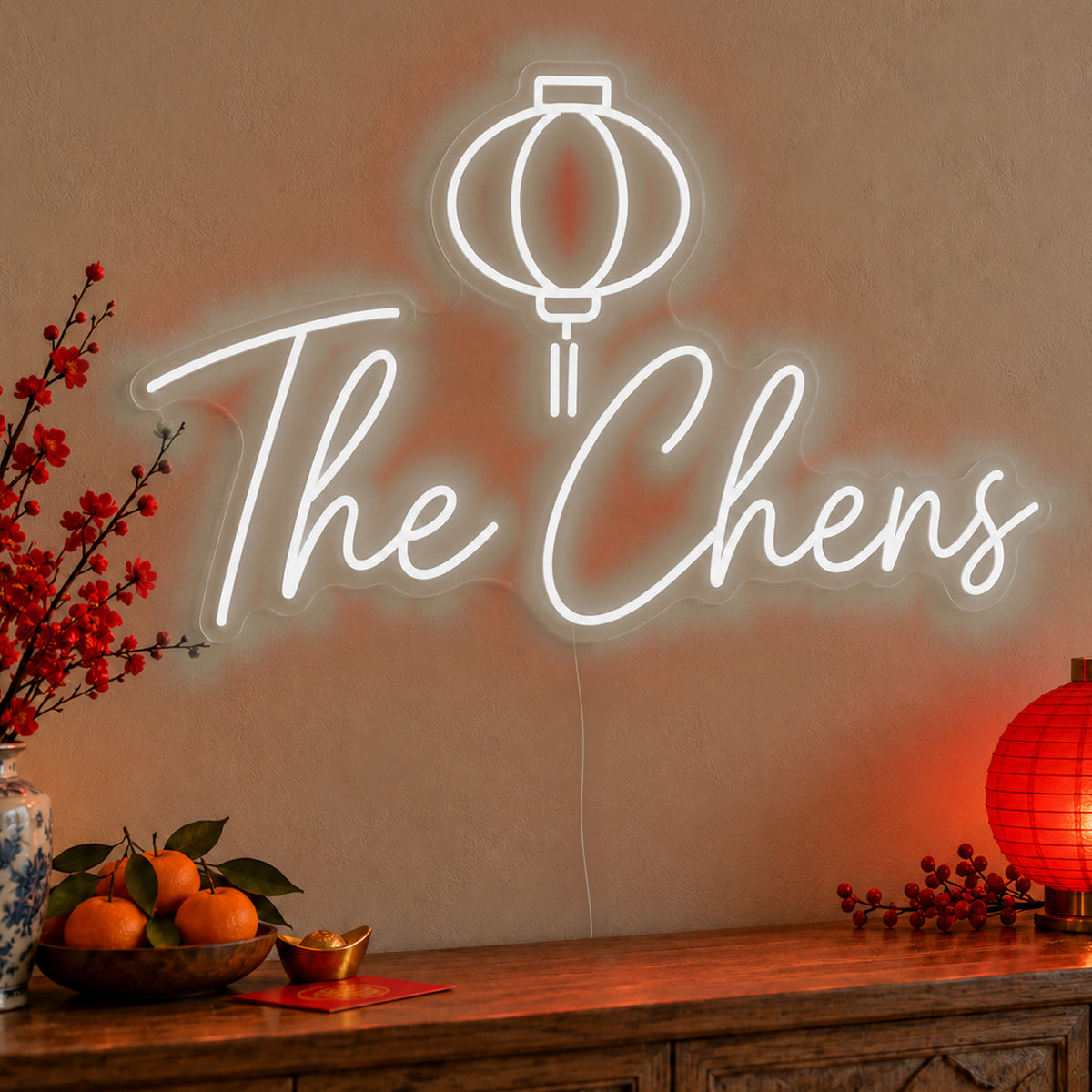 Personalised Family Lantern Neon Sign in white LED neon on clear acrylic, angled view