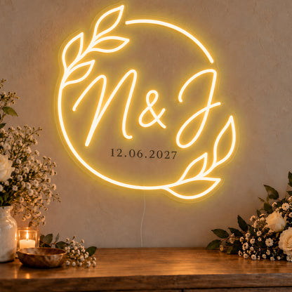 Personalised Filipino Wedding Monogram Neon Sign in gold LED neon on clear acrylic, angled view