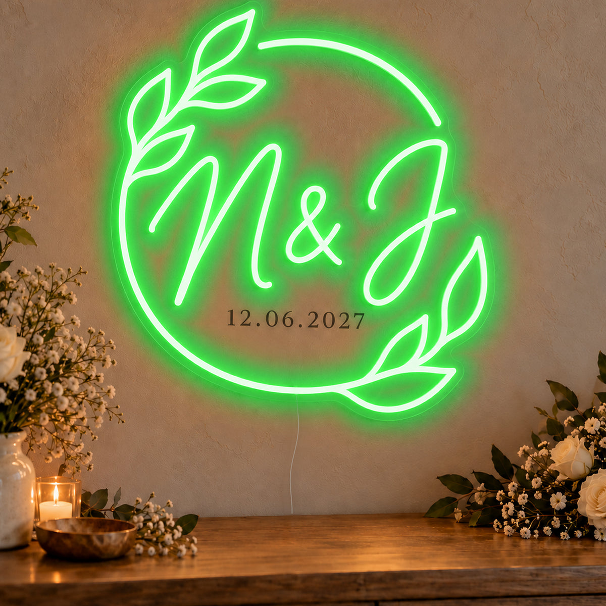 Personalised Filipino Wedding Monogram Neon Sign in green LED neon on clear acrylic, angled view