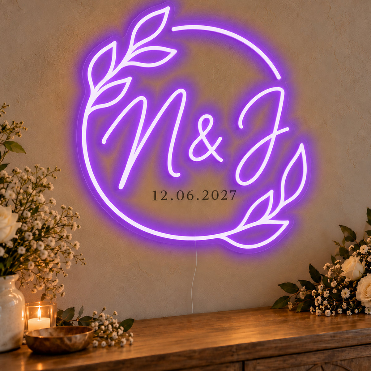Personalised Filipino Wedding Monogram Neon Sign in purple LED neon on clear acrylic, angled view
