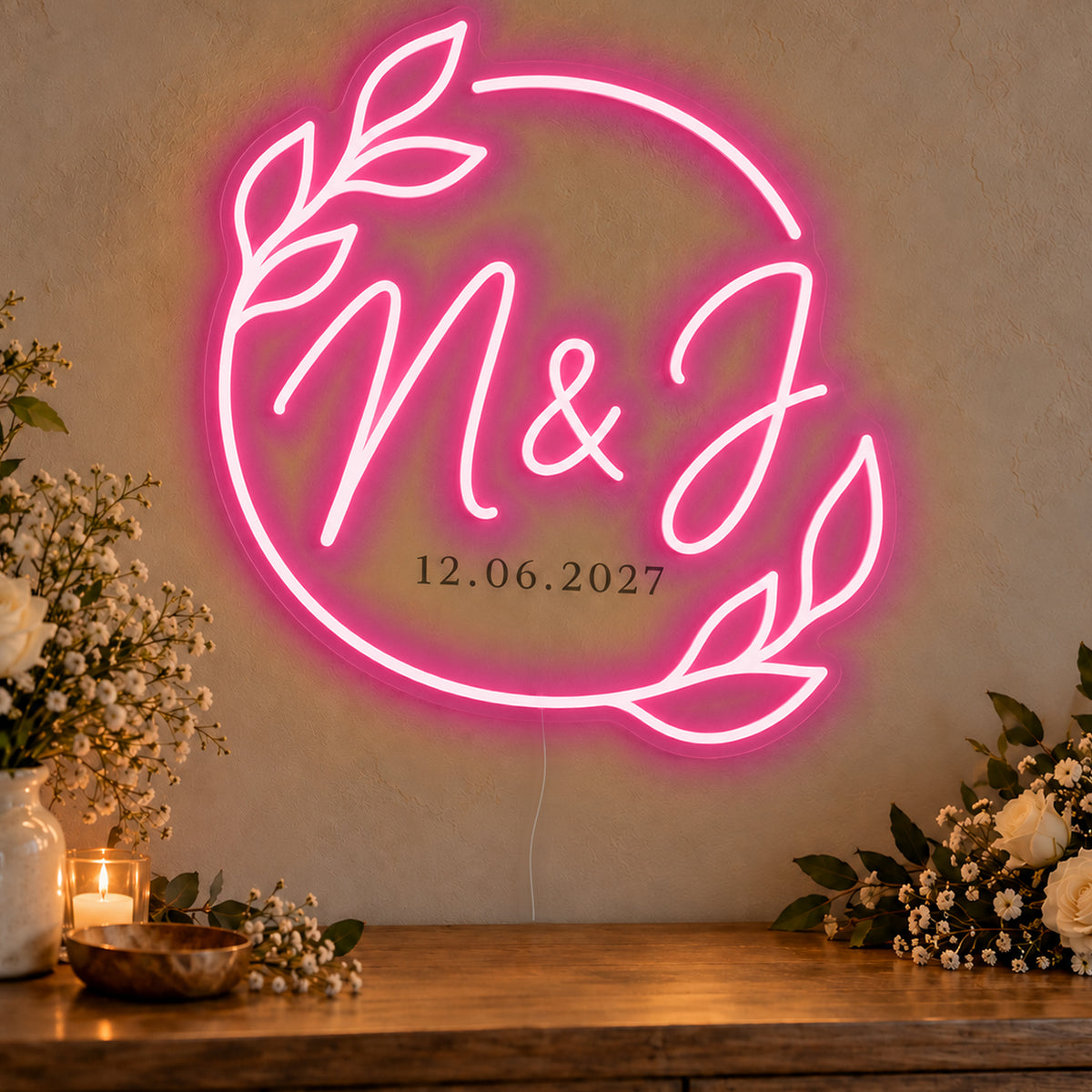 Personalised Filipino Wedding Monogram Neon Sign in rose red LED neon on clear acrylic, angled view