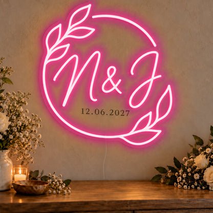 Personalised Filipino Wedding Monogram Neon Sign in rose red LED neon on clear acrylic, angled view