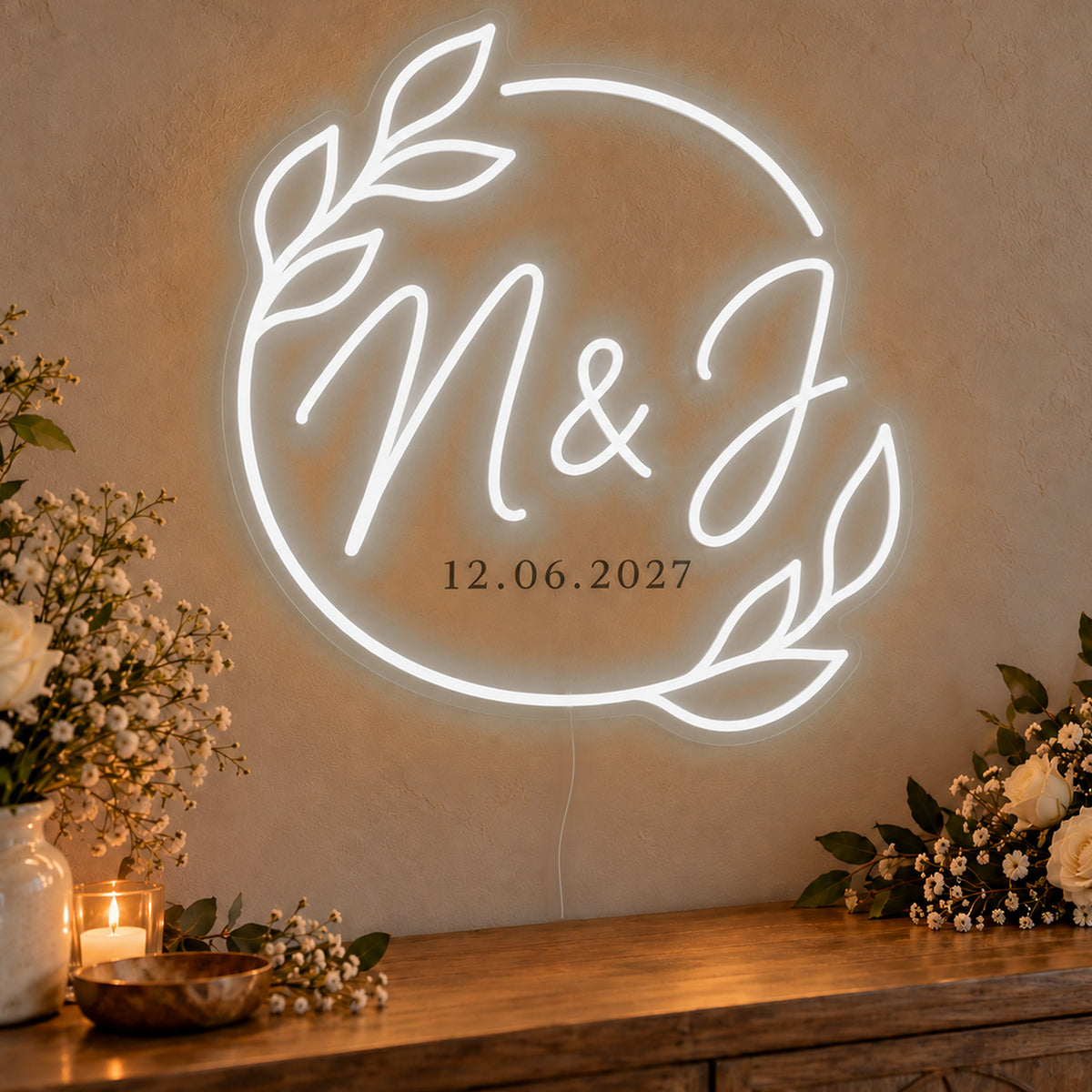 Personalised Filipino Wedding Monogram Neon Sign in white LED neon on clear acrylic, angled view